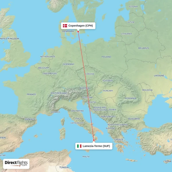 Copenhagen - Lamezia-Terme direct flight map