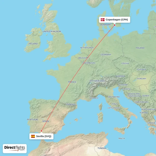 Copenhagen - Sevilla direct flight map