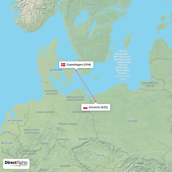Copenhagen - Szczecin direct flight map