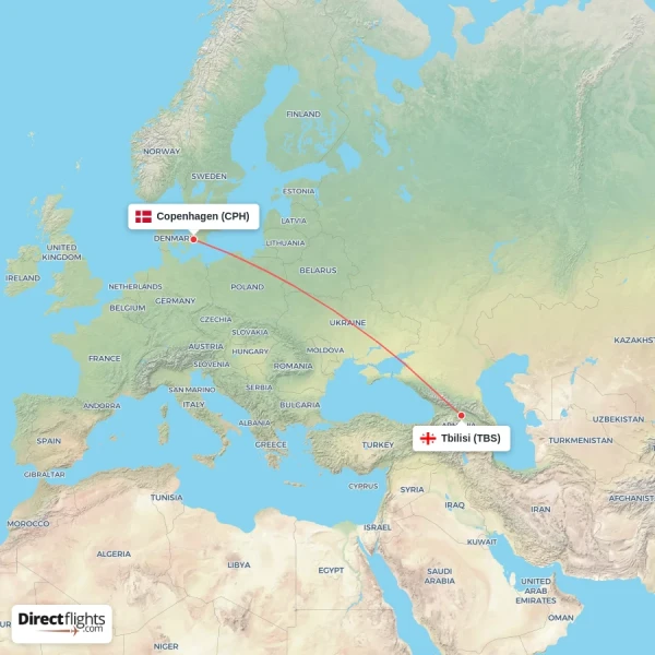 Copenhagen - Tbilisi direct flight map