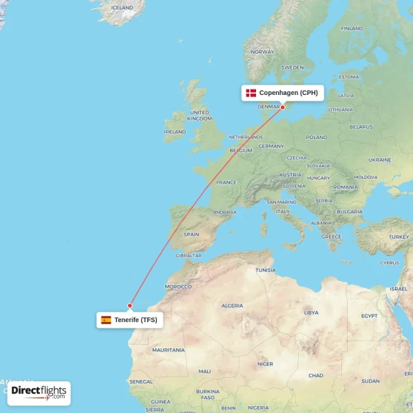 Copenhagen - Tenerife direct flight map