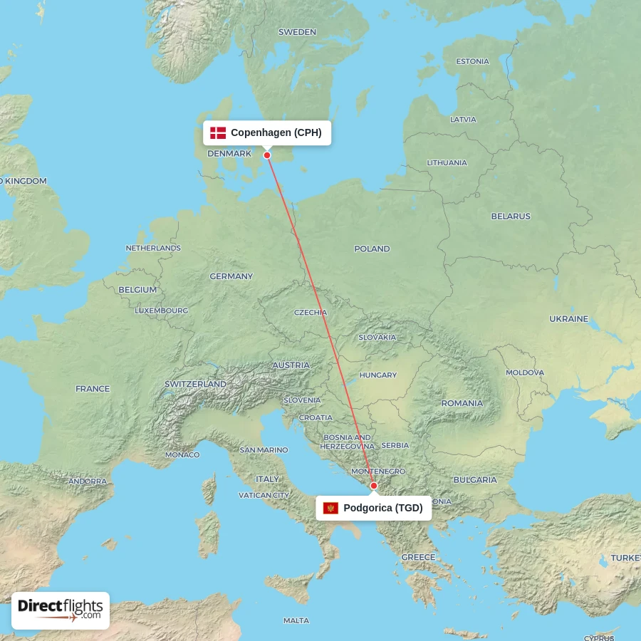 CPH - TGD route map