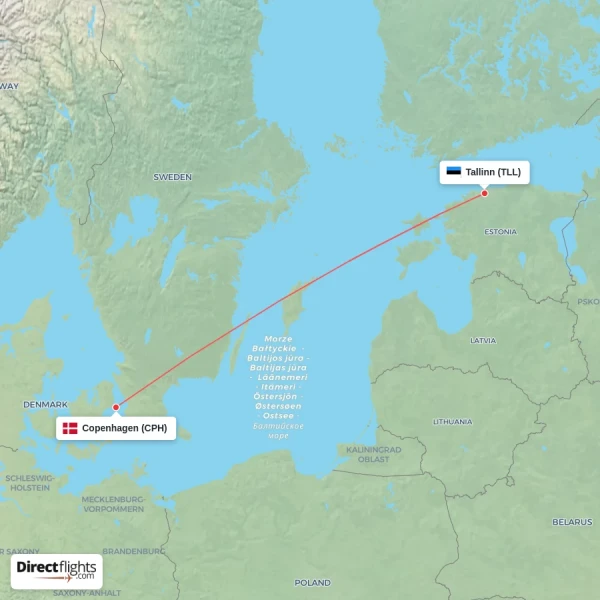 Copenhagen - Tallinn direct flight map