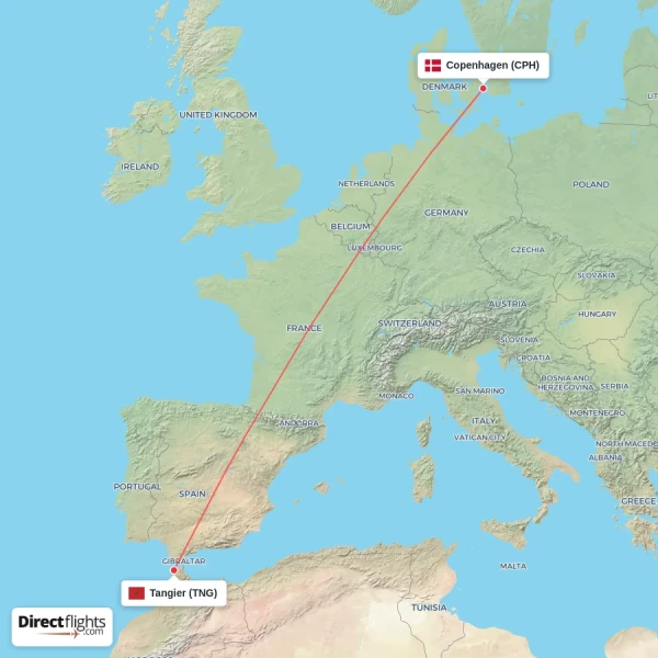 Copenhagen - Tangier direct flight map