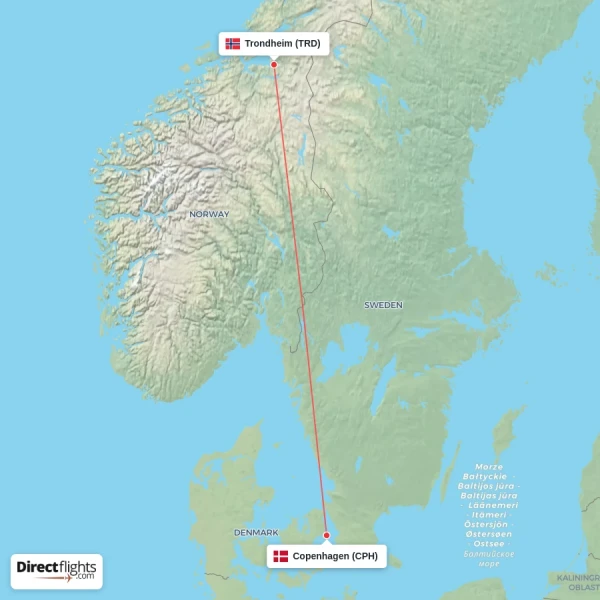 Copenhagen - Trondheim direct flight map
