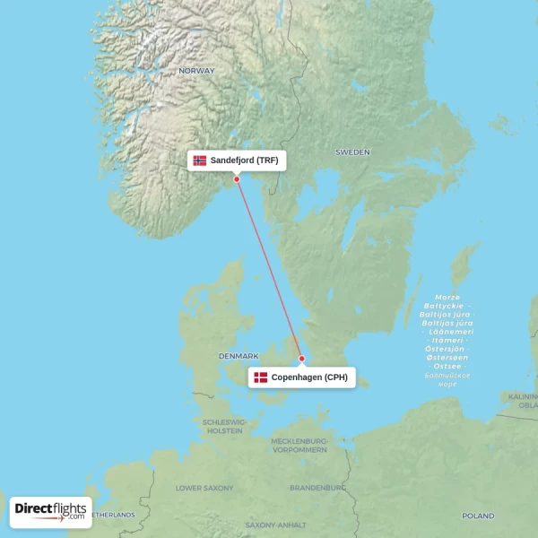 Copenhagen - Sandefjord direct flight map