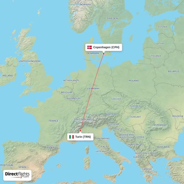 Copenhagen - Turin direct flight map