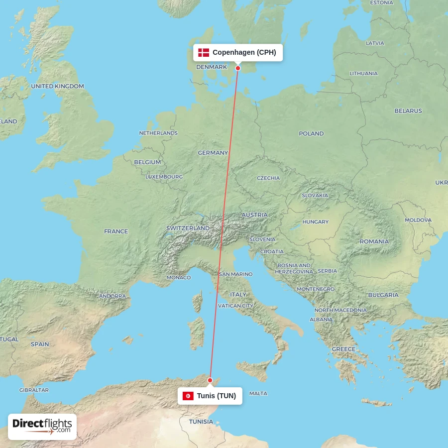 CPH - TUN route map