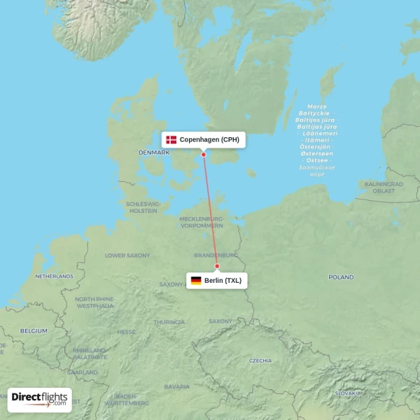 Copenhagen - Berlin direct flight map