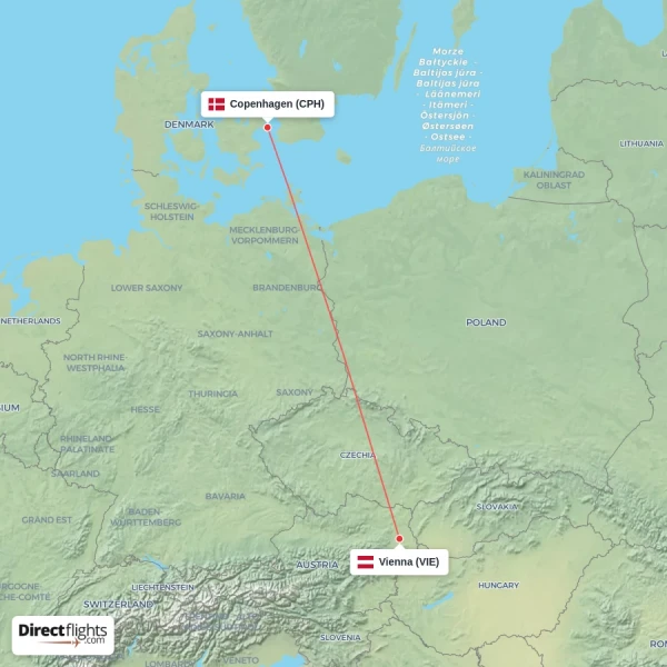 Copenhagen - Vienna direct flight map
