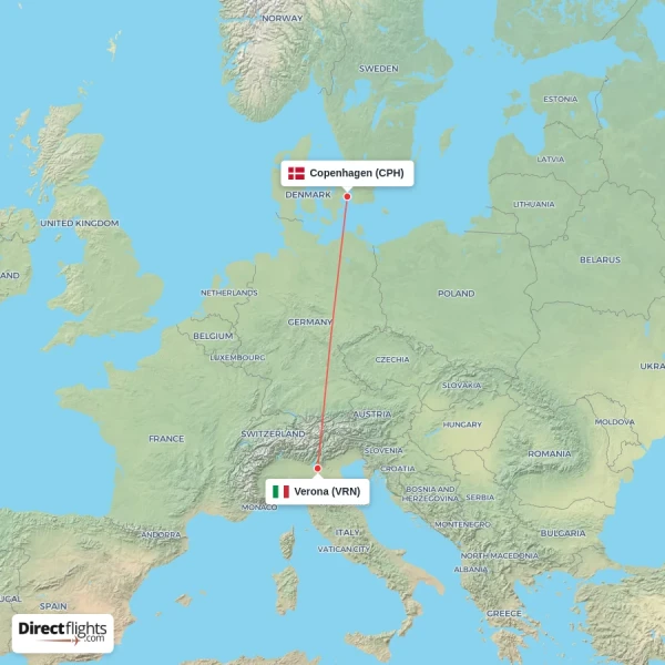 Copenhagen - Verona direct flight map