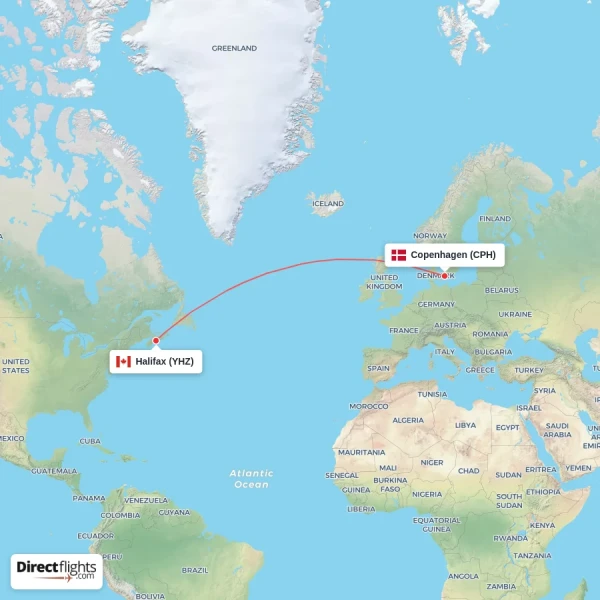 Copenhagen - Halifax direct flight map
