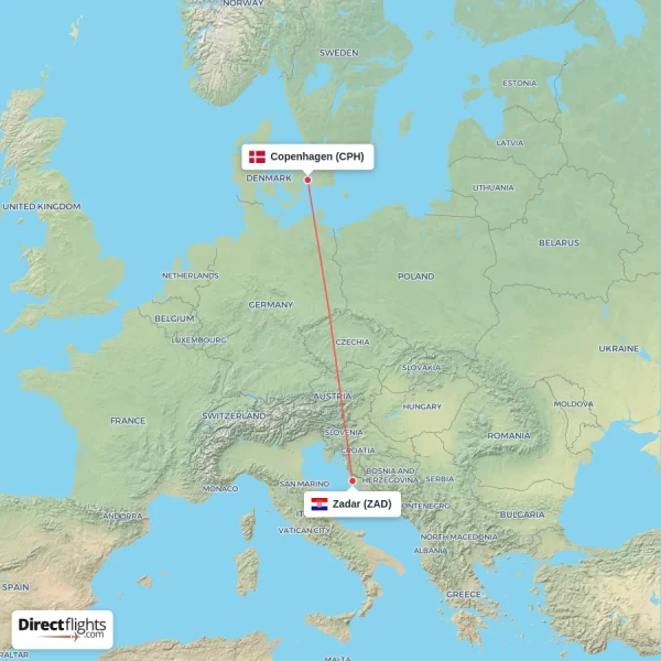 Copenhagen - Zadar direct flight map