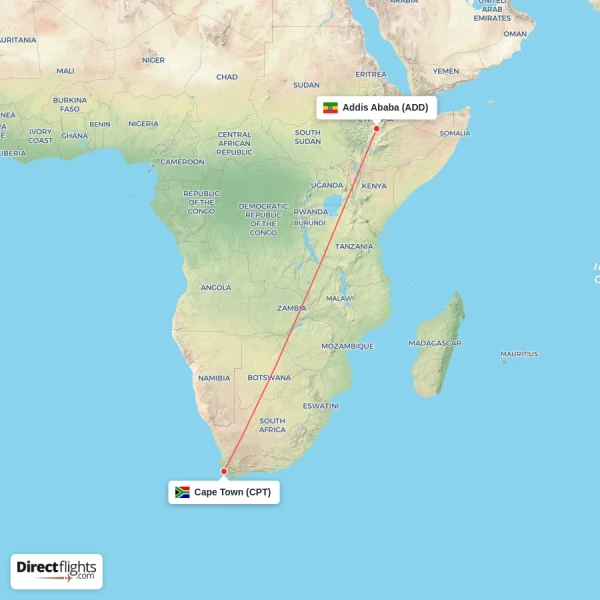 Cape Town - Addis Ababa direct flight map
