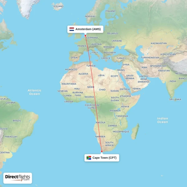 Cape Town - Amsterdam direct flight map