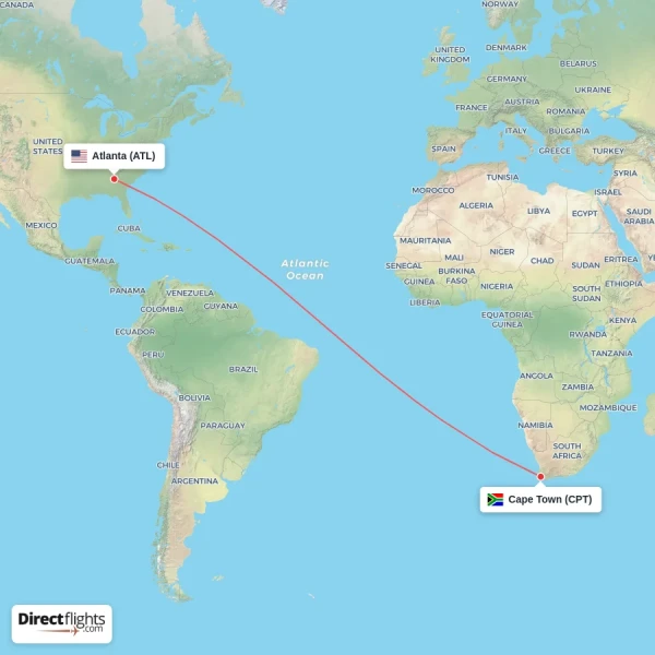 Cape Town - Atlanta direct flight map
