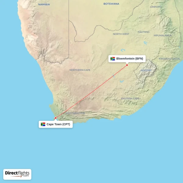 Cape Town - Bloemfontein direct flight map