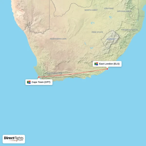Cape Town - East London direct flight map