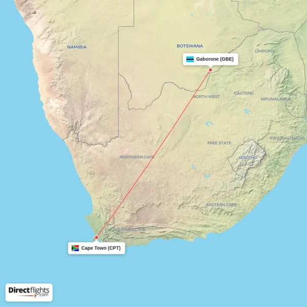 Cape Town - Gaborone direct flight map