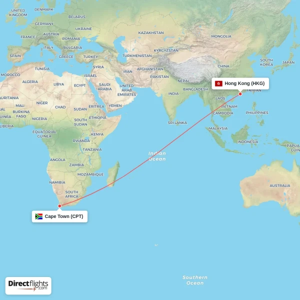 Cape Town - Hong Kong direct flight map