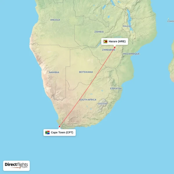 Cape Town - Harare direct flight map