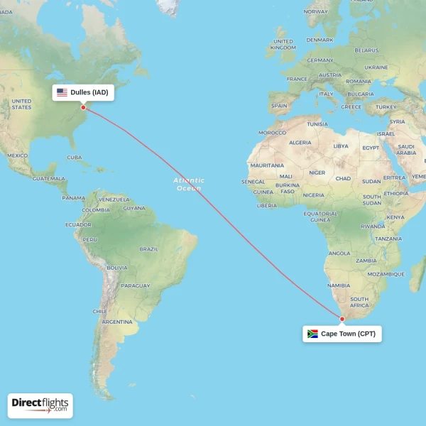 Cape Town - Dulles direct flight map
