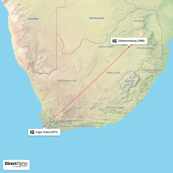 Cape Town - Johannesburg direct flight map