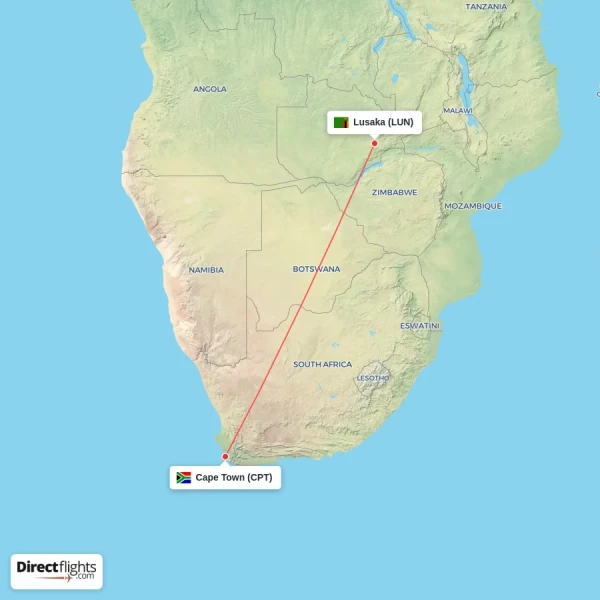 Cape Town - Lusaka direct flight map