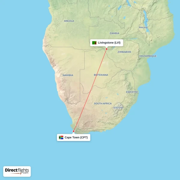 Cape Town - Livingstone direct flight map