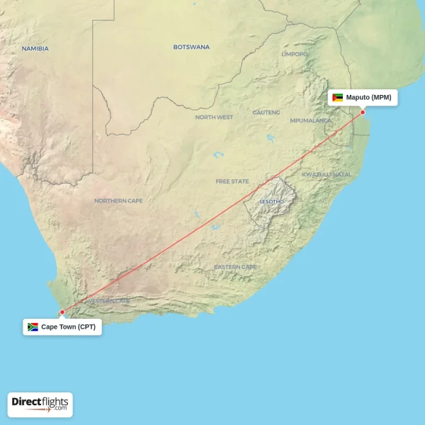 Cape Town - Maputo direct flight map