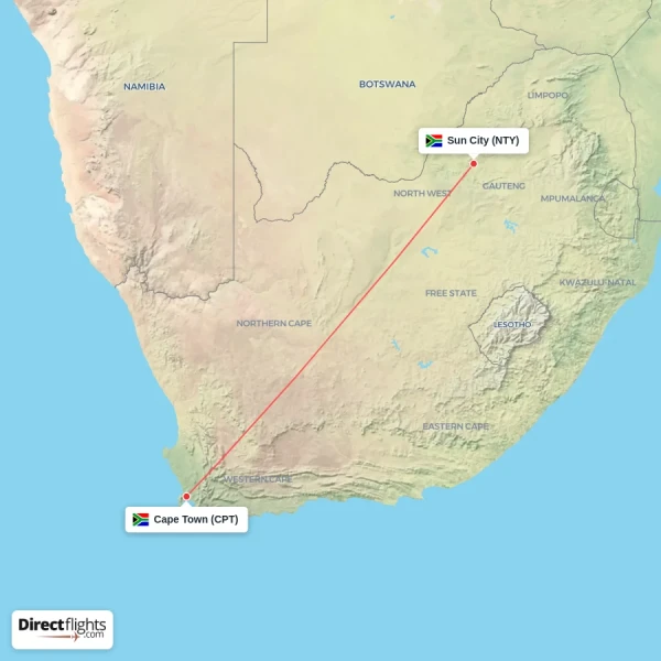 Cape Town - Sun City direct flight map