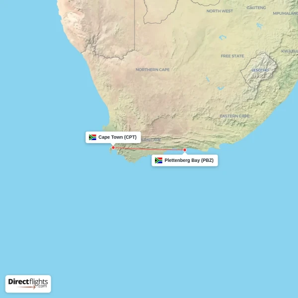 Cape Town - Plettenberg Bay direct flight map