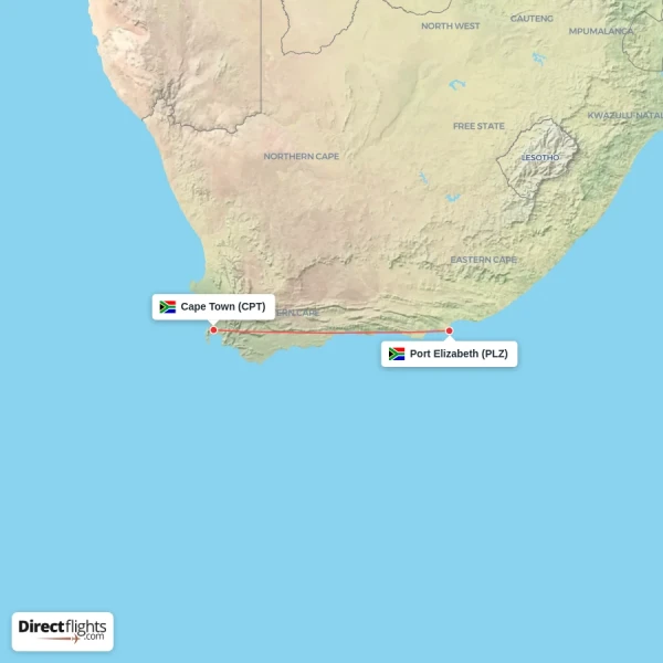 Cape Town - Port Elizabeth direct flight map