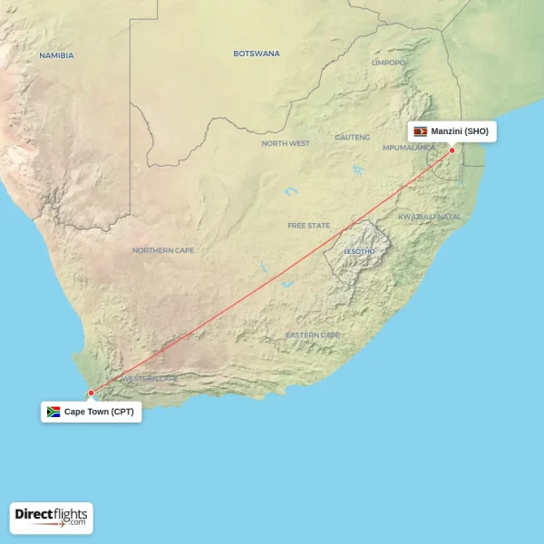 Cape Town - Manzini direct flight map