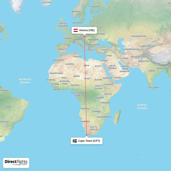Cape Town - Vienna direct flight map