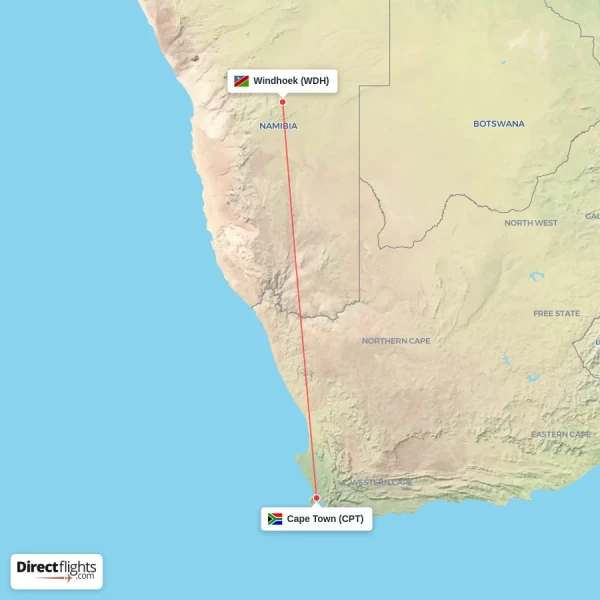 Cape Town - Windhoek direct flight map