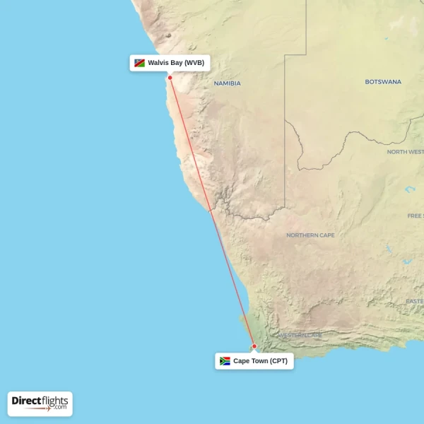 Cape Town - Walvis Bay direct flight map