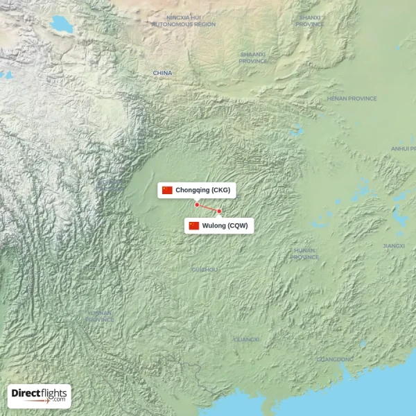 Wulong - Chongqing direct flight map