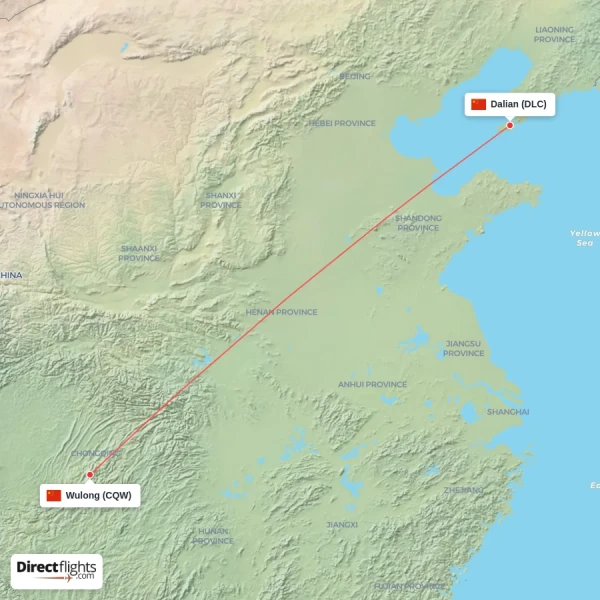 Wulong - Dalian direct flight map
