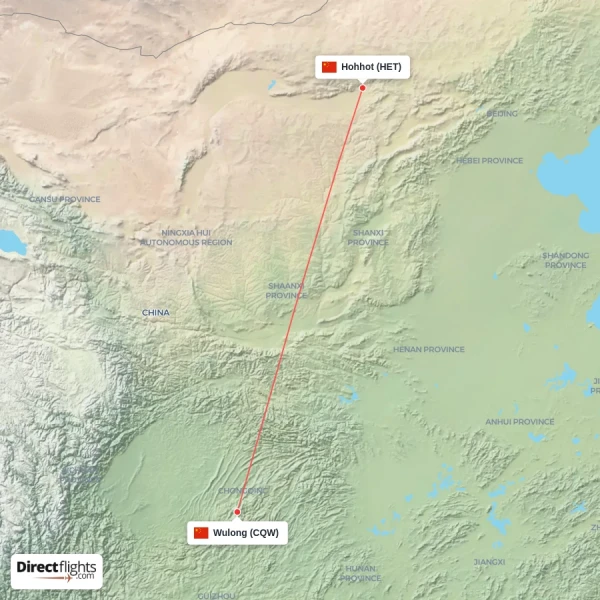 Wulong - Hohhot direct flight map