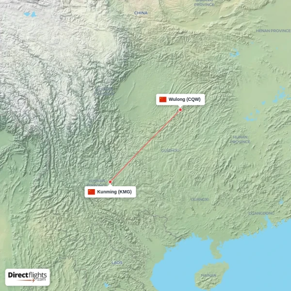 Wulong - Kunming direct flight map