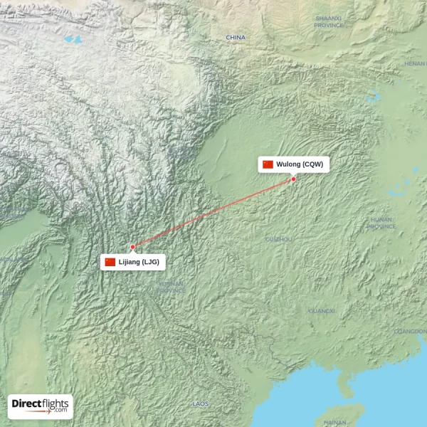 Wulong - Lijiang direct flight map
