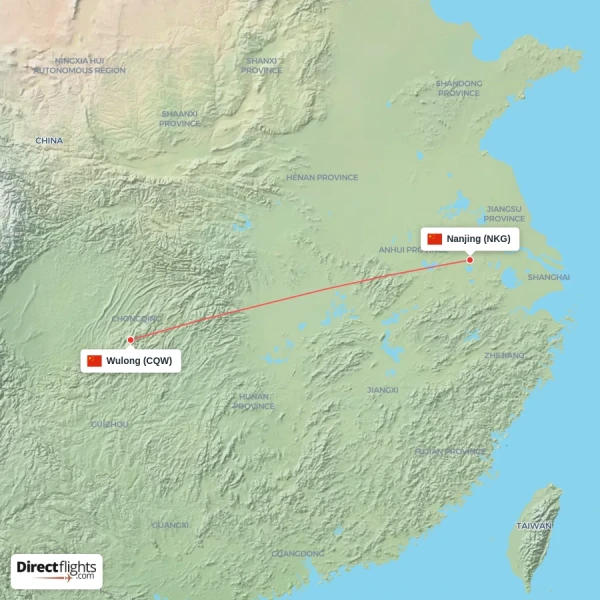 Wulong - Nanjing direct flight map