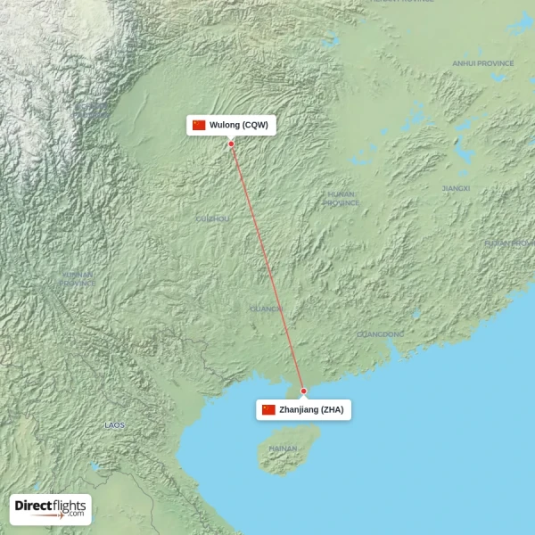 Wulong - Zhanjiang direct flight map