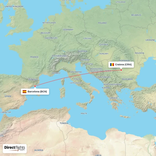 Craiova - Barcelona direct flight map