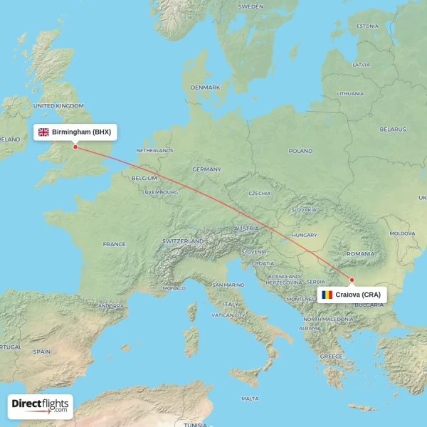 Craiova - Birmingham direct flight map