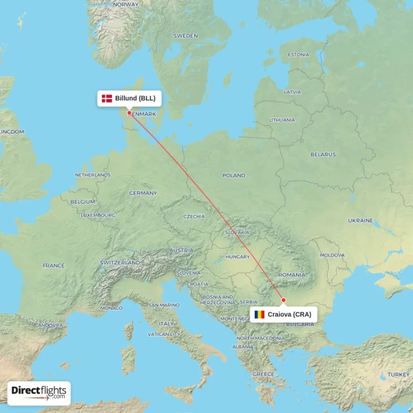 Craiova - Billund direct flight map
