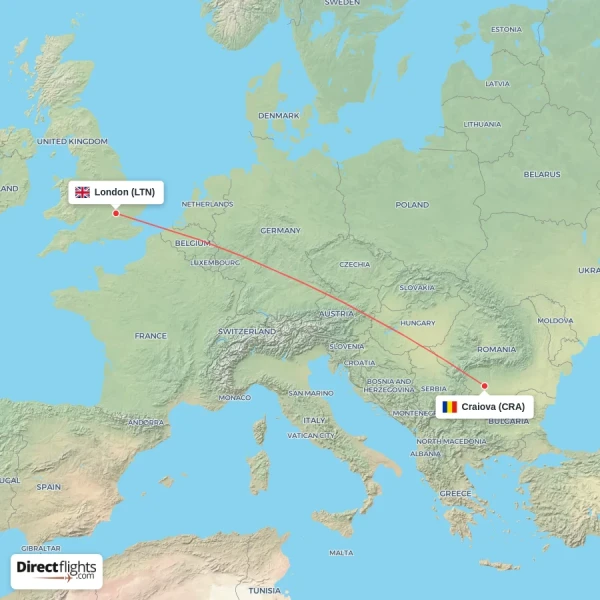 Craiova - London direct flight map