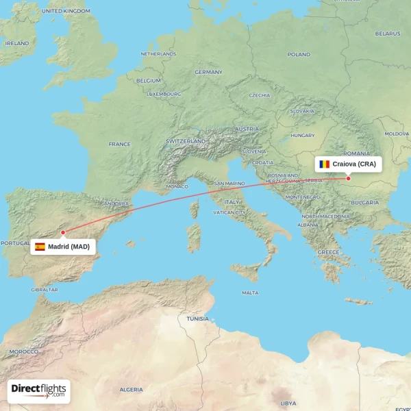 Craiova - Madrid direct flight map