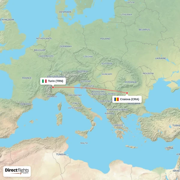 Craiova - Turin direct flight map